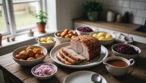 Flæskesteg med sprød svær serveret med brunede kartofler, rødkål, brun sovs og syltede rødløg