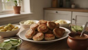 Frikadeller på fad med kartofler, stuvet hvidkål, agurkesalat og brun sovs ved siden af