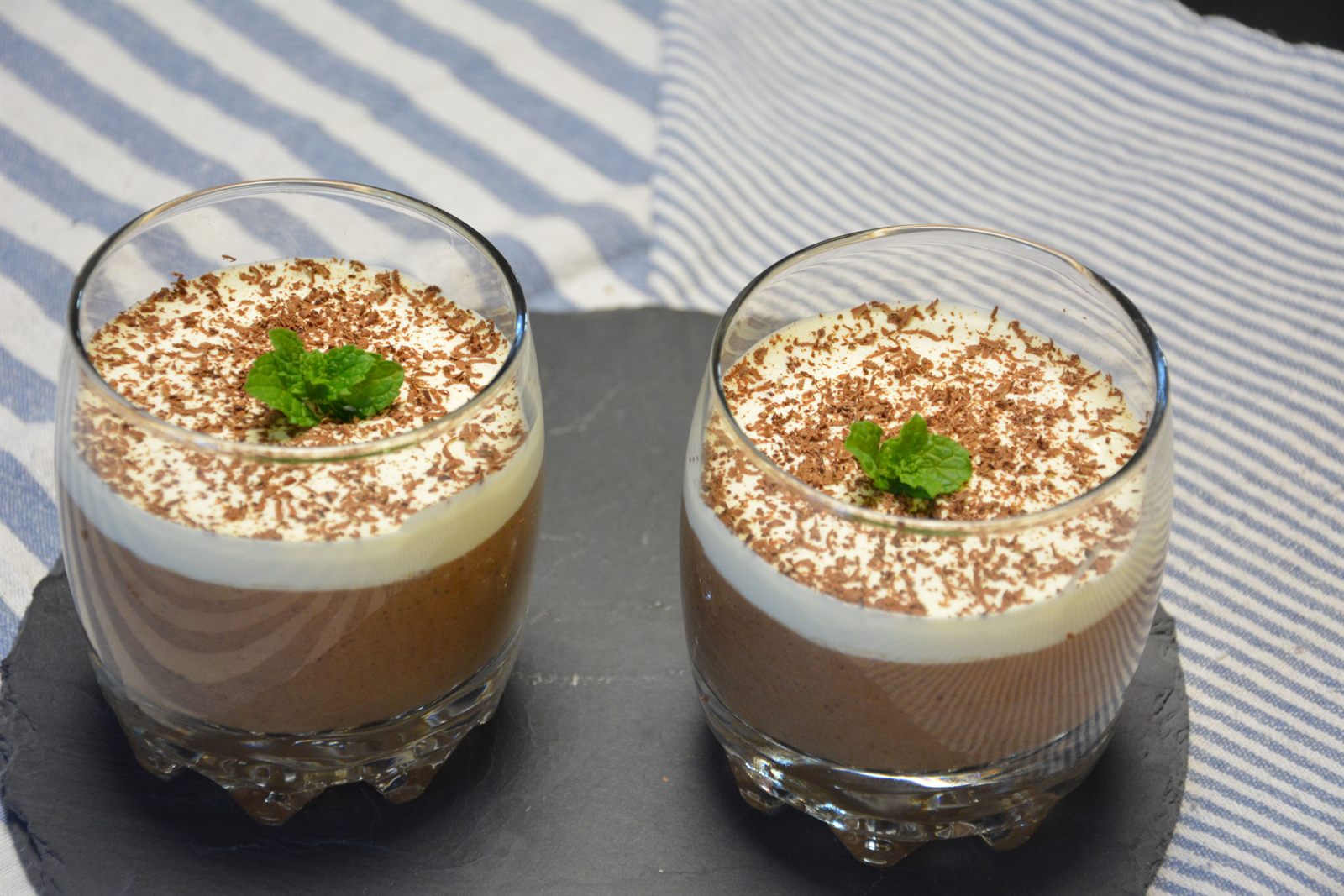 To glas hjemmelavet chokolademousse toppet med flødeskum, revet chokolade og friske mynteblade