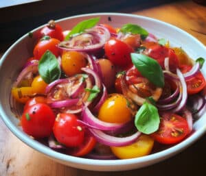 tomatsalat med rødløg og basilikum