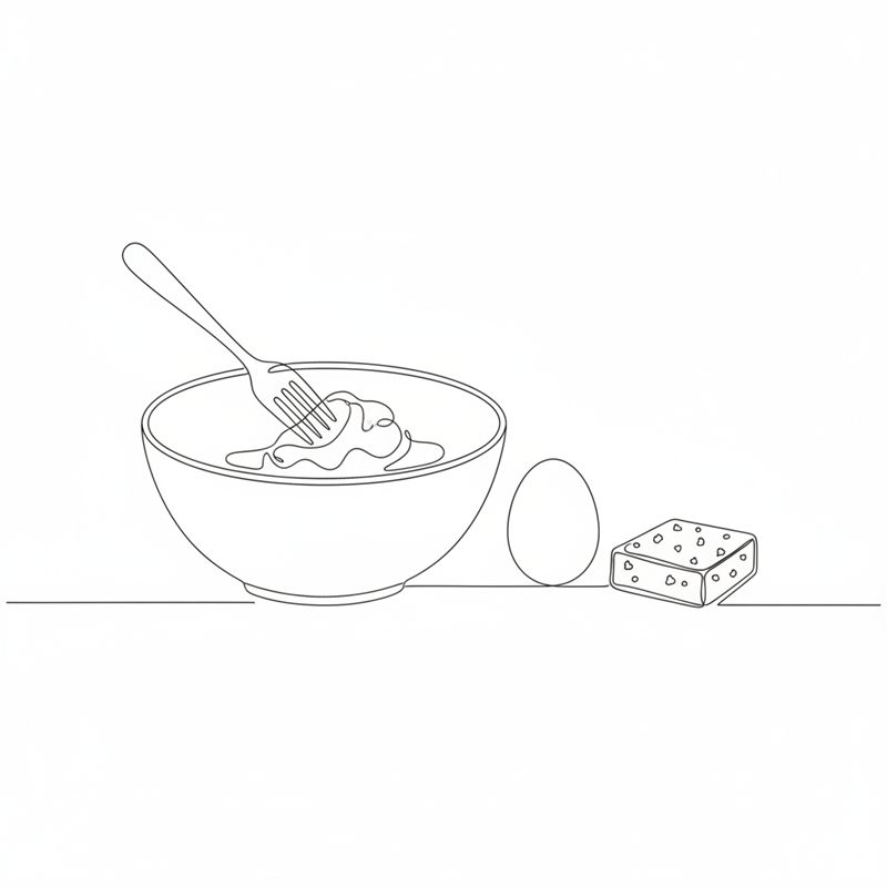 Tegning: kartoffelmasse moses i en skål med gaffel ved siden af æg og feta