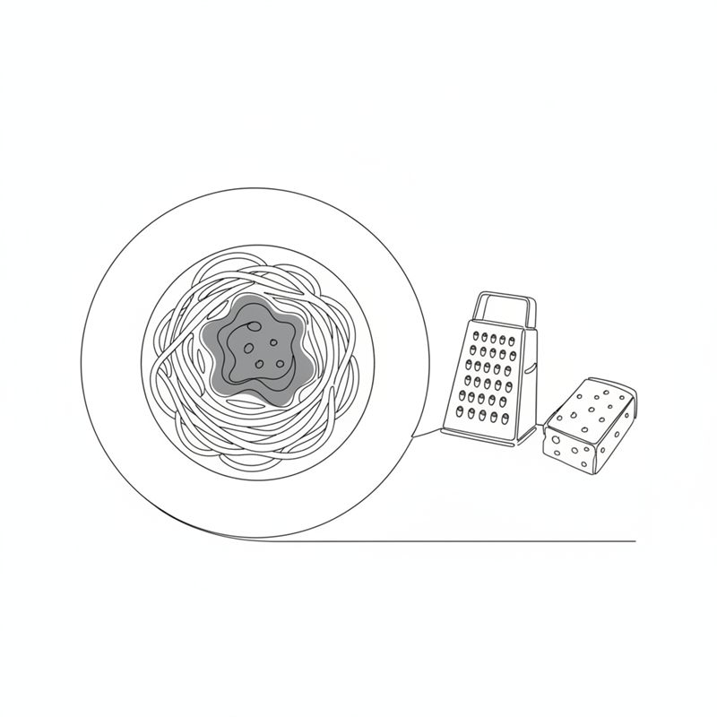 Tegning: en tallerken spaghetti med tyk sovs ved siden af et rivejern og et stykke parmesan