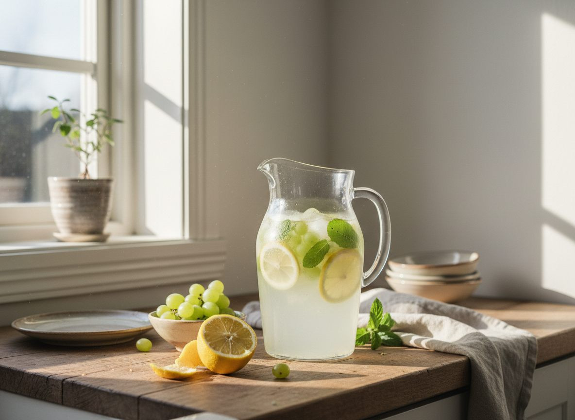 Kande hvid sangria med grønne druer, citron og mynte i et lyst køkken