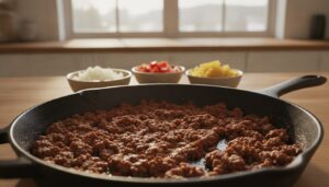 Hakket oksekød brunet på pande med løg, tomater og pasta klar ved siden af