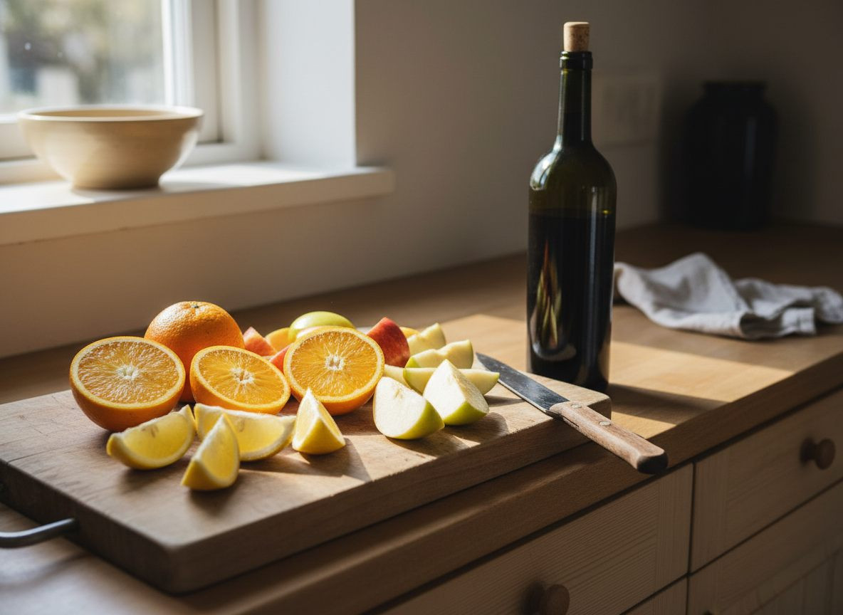Ingredienser til sangria: appelsiner, citron, æble og en flaske spansk rødvin på skærebræt