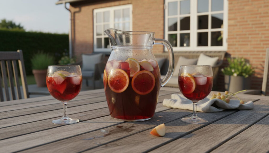 Kande med klassisk rød sangria med appelsin- og citronskiver på terrassebord en sommeraften