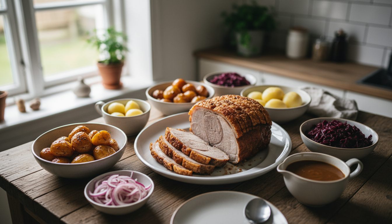 Flæskesteg med sprød svær serveret med brunede kartofler, rødkål, brun sovs og syltede rødløg
