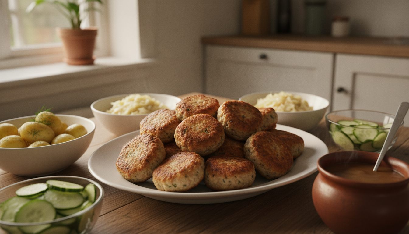 Frikadeller på fad med kartofler, stuvet hvidkål, agurkesalat og brun sovs ved siden af