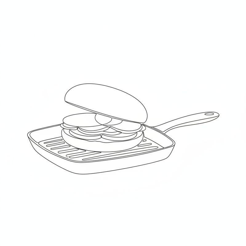 Tegning: en samlet burger ligger på en grillplade med riller