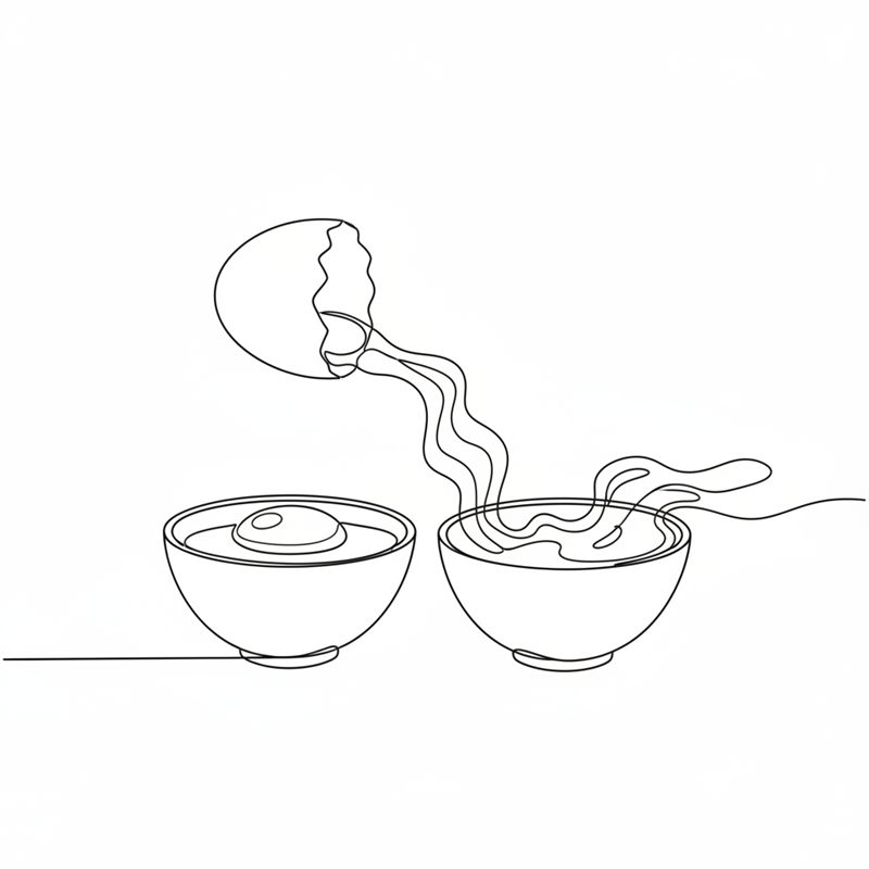 Tegning: et æg deles, blommen i den ene skål og hviden i den anden