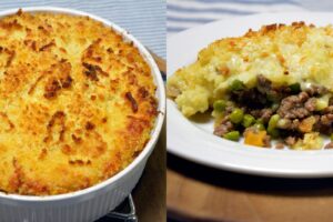 Cottage pie i hvidt ovnfast fad med gylden kartoffelmos og rasp, og en portion på tallerken med hakket oksekød, ærter og gulerødder