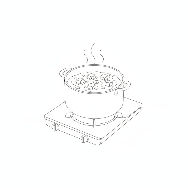 Tegning: en gryde med vand på komfuret, hvor kartoffeltern koger