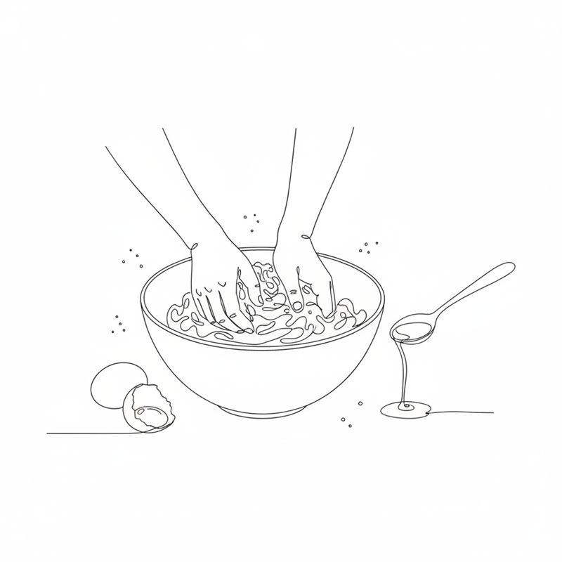 Tegning: mel, æg og olivenolie æltes sammen til pastadej i en skål