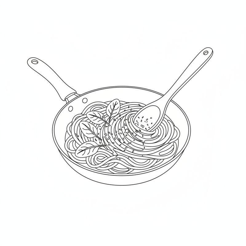 Tegning: spinatblade og revet parmesan røres i en pande med cremet pasta