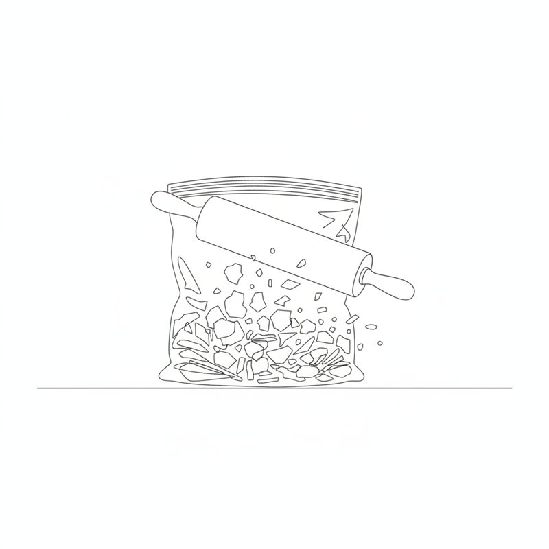 Tegning: cornflakes knuses i en lukket frysepose med en kagerulle
