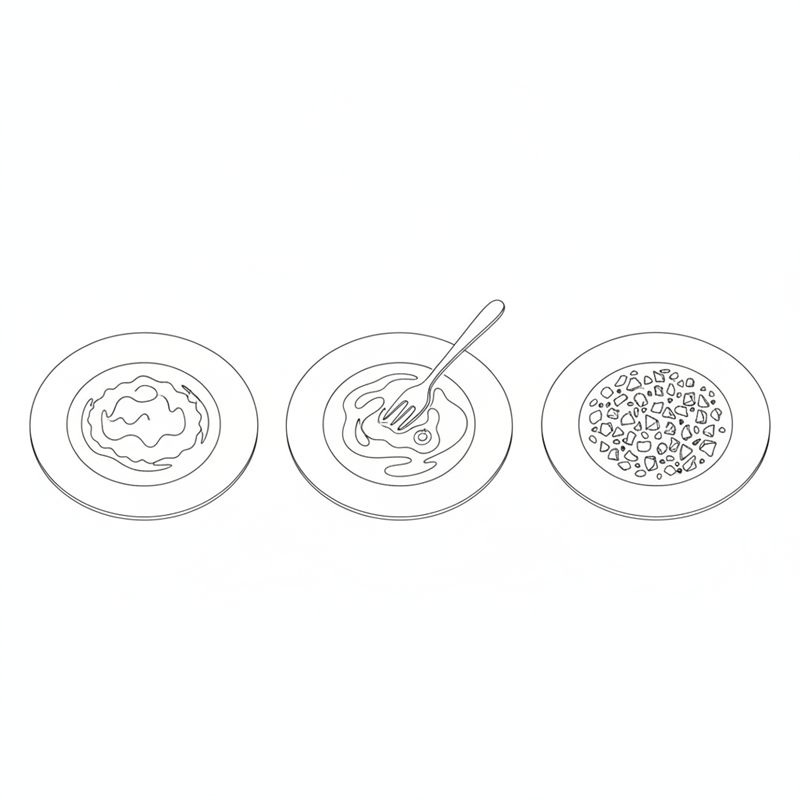 Tegning: tre tallerkener med mel, pisket æg og knuste cornflakes stillet op som en paneringsstation