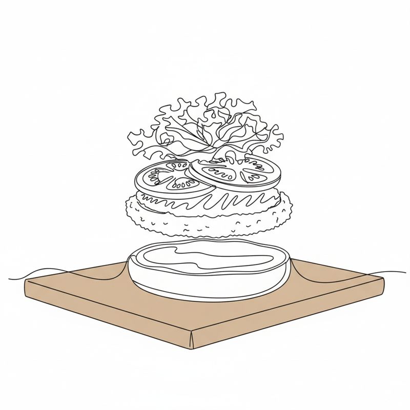 Tegning: en burgerbolle samles med chilimayo, paneret kylling, tomatskiver og salat