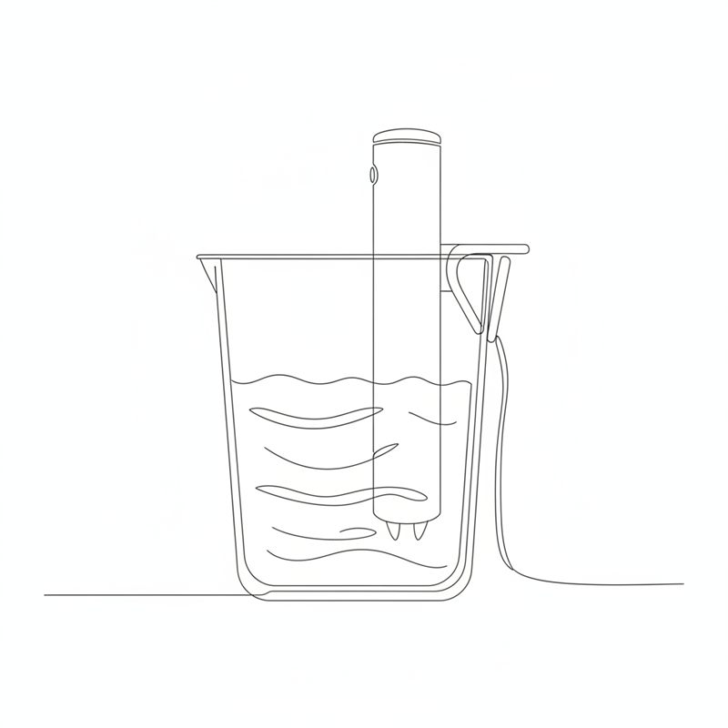 Tegning: et sous vide-kar med vand og en sous vide-stav sat fast på kanten