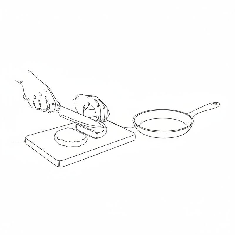 Stregtegning: frikadeller flækkes på langs med en kniv på et skærebræt