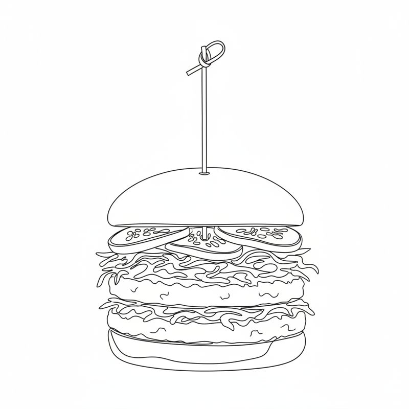Stregtegning: færdig frikadellesandwich holdt sammen af et grillspyd af træ