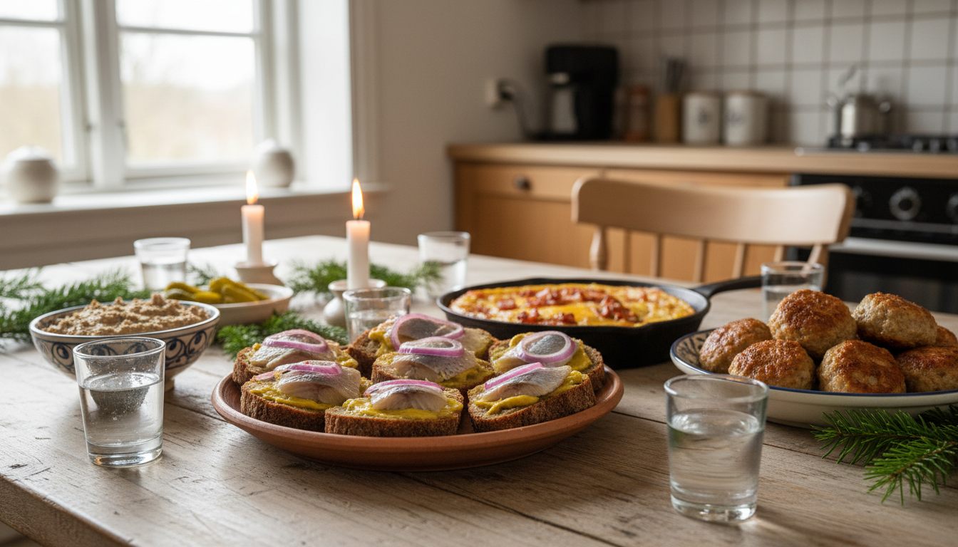Julefrokostbord med sild på rugbrød, frikadeller, æggekage og snapseglas