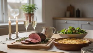 Nytårsmenu på bordet med helstegt oksemørbrad, rødvinssauce, flødekartofler, salat og champagneglas