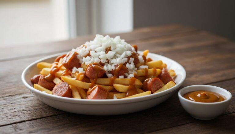 Pølsemix i skål med pomfritter, skråtskårne pølsestykker, karryketchup og råt hakket løg