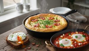 Æggekage med bacon og purløg på panden ved siden af pocheret æg på rugbrød og en pande shakshuka
