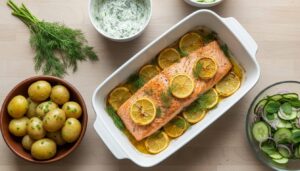 Ovnbagt laksefilet med citron og dild ved siden af nye kartofler, agurkesalat og en skål dildcreme