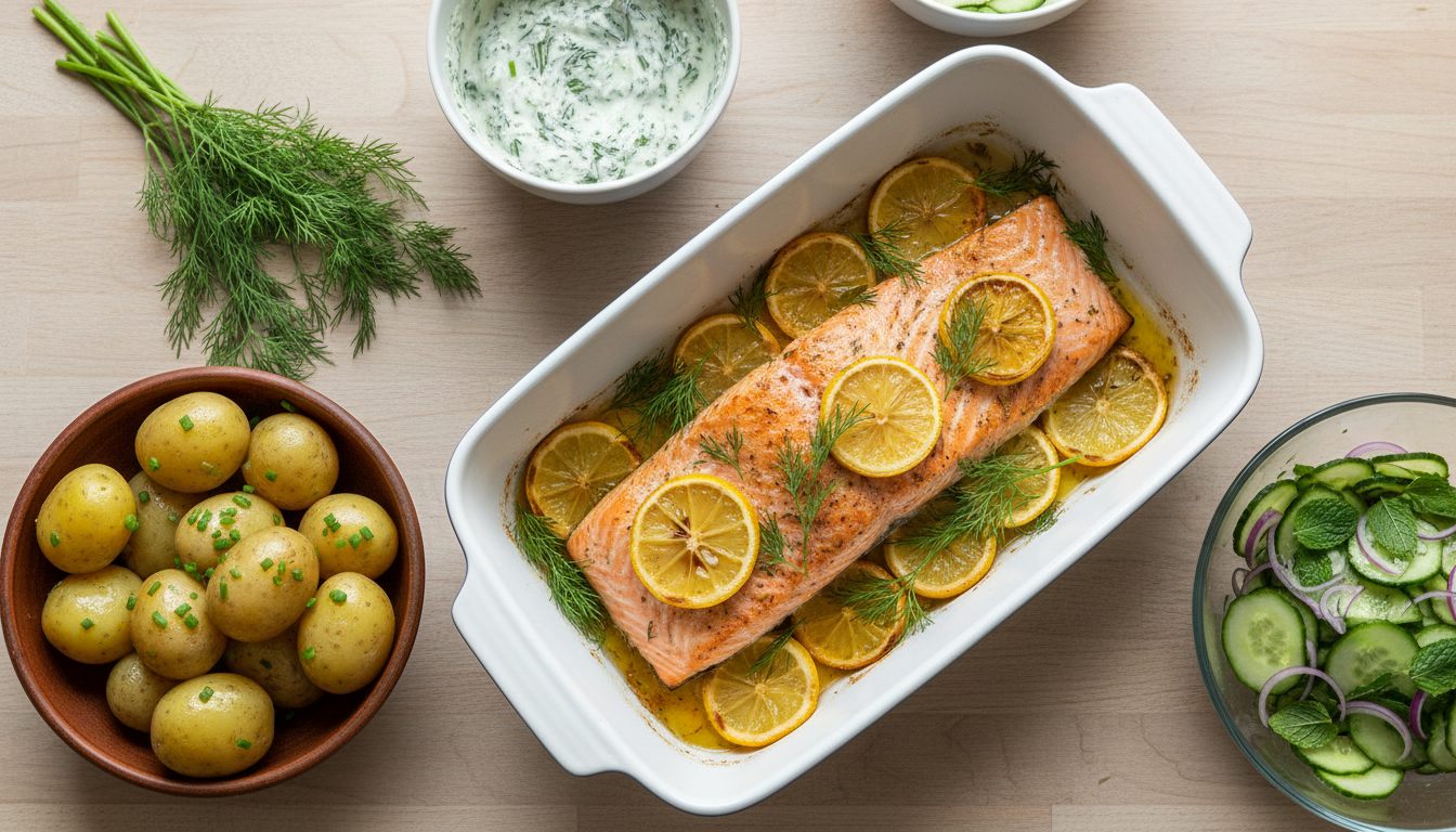 Ovnbagt laksefilet med citron og dild ved siden af nye kartofler, agurkesalat og en skål dildcreme