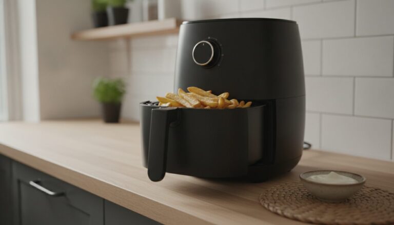Airfryer på køkkenbordet med sprøde pomfritter i kurven
