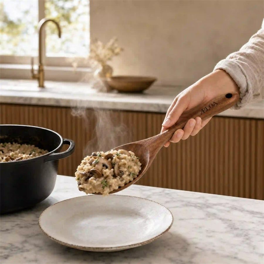 En dyb grydeske i akacietræ serverer risotto fra en støbejernsgryde