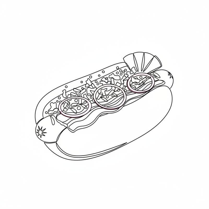 Stregtegning: den færdige gourmet hotdog med bacon, syltede rødløg, ristede løg, agurkesalat og sennepsfrø