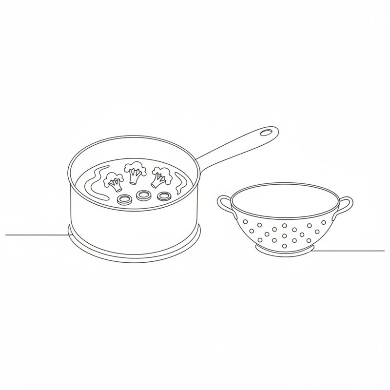 Stregtegning: broccolibuketter og porreringe koger i en gryde med et dørslag klar ved siden af