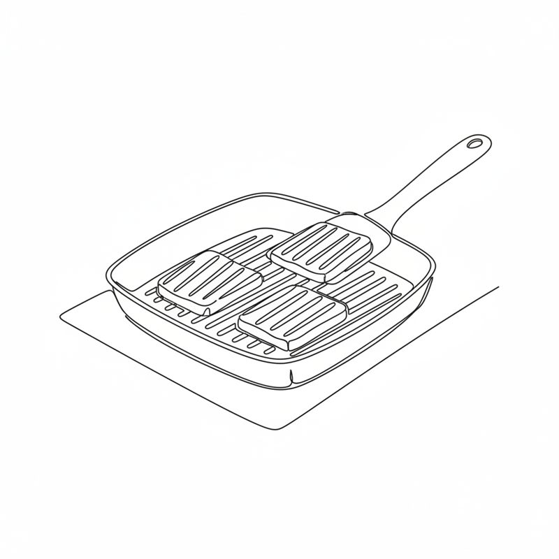 Stregtegning: skiver af halloumi steges på en grillpande med tydelige grillstriber, og en paletkniv løfter en skive