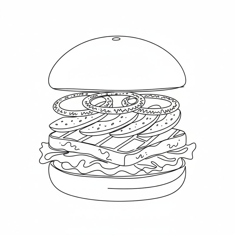 Stregtegning: en burger bygges op i lag med salat, halloumiskiver, avocado og syltede rødløg, mens overbollen holdes over