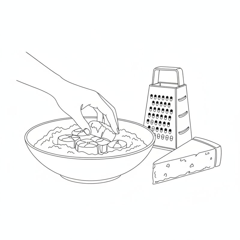 Stregtegning: fiskestykker vendes i en skål med mel, og ved siden af står et rivejern og et stykke parmesanost