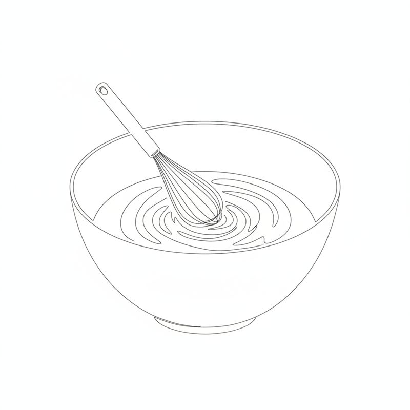 Stregtegning: et piskeris rører mayonnaise og cremefraiche sammen til en glat dressing i en stor røreskål