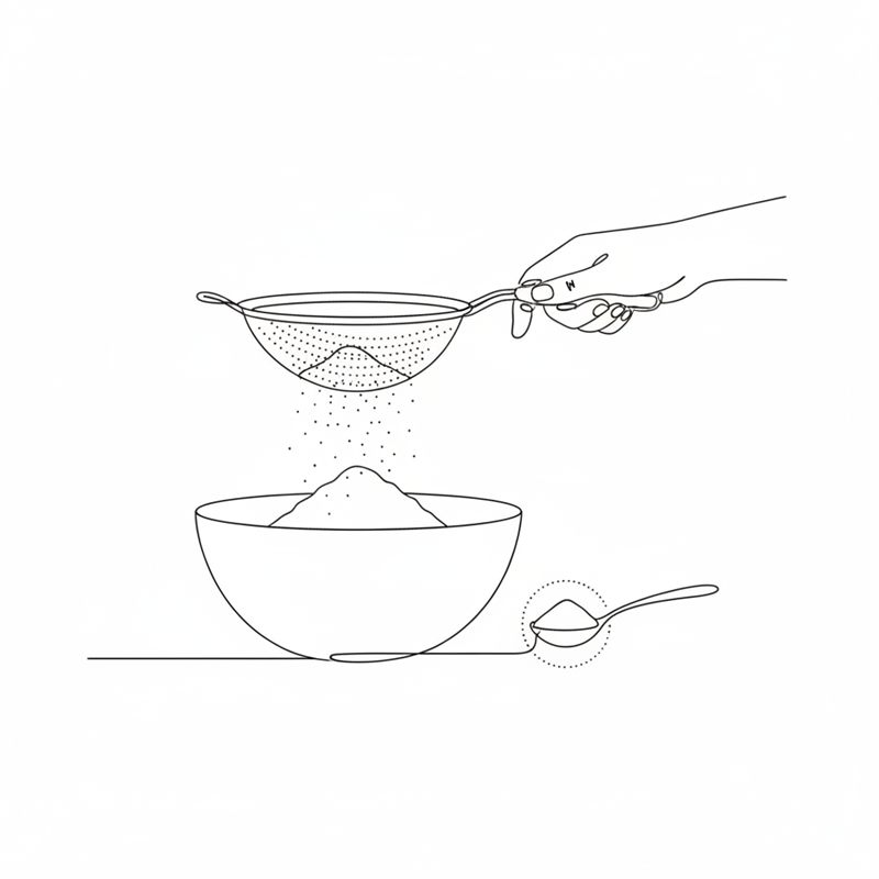 Stregtegning: mel og kakaopulver sigtes gennem en finmasket si ned i en skål med en teske bagepulver ved siden af
