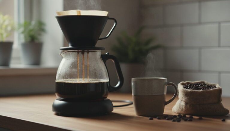 Kaffemaskine brygger filterkaffe i glaskande ved siden af kop og kaffebønner