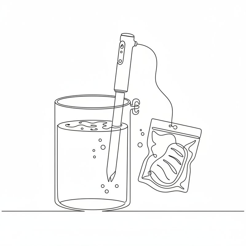 Stregtegning: en lukket vakuumpose med kød holdes op ved siden af en gryde med vand og en sous vide-stav, klar til at blive lagt i