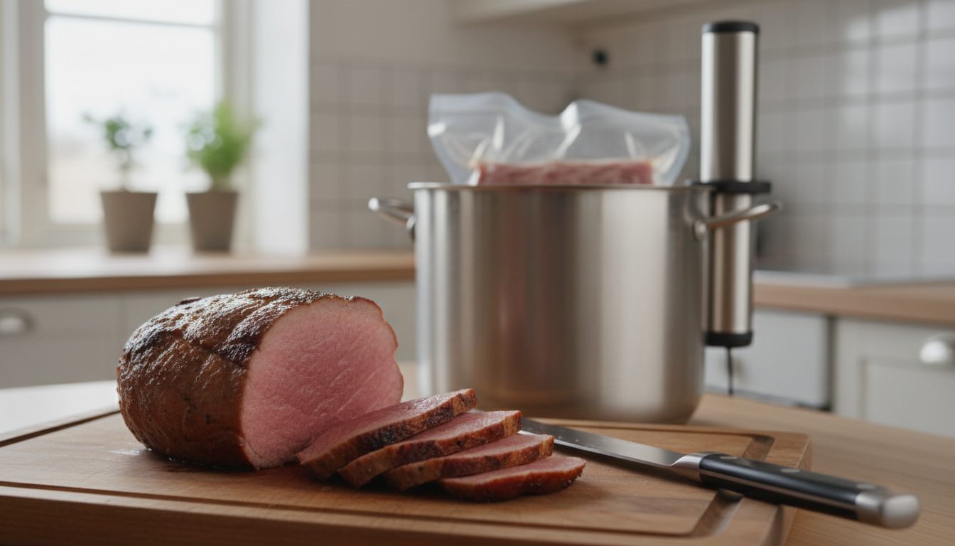 Brunet kalveculotte skåret i tynde skiver, der er ens rosa helt ud til kanten, på et træskærebræt med forskærerkniv, og en høj gryde med sous vide-stav og vakuumpose i baggrunden