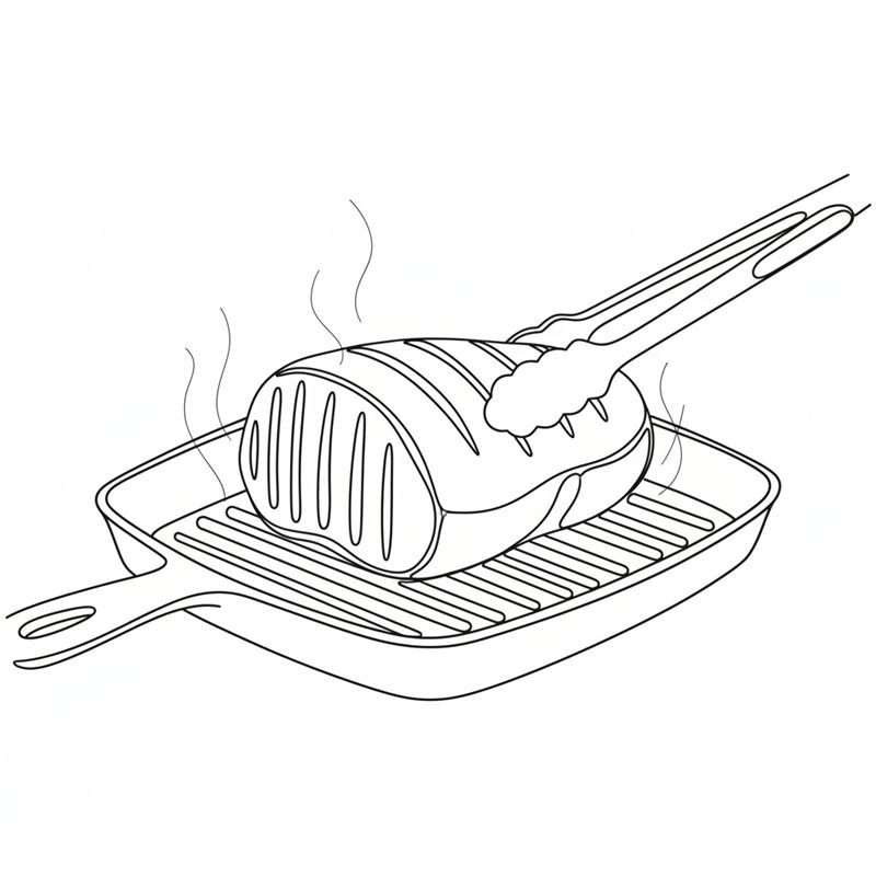 Stregtegning: en steg brunes af på en riflet grillpande, mens en tang vender den