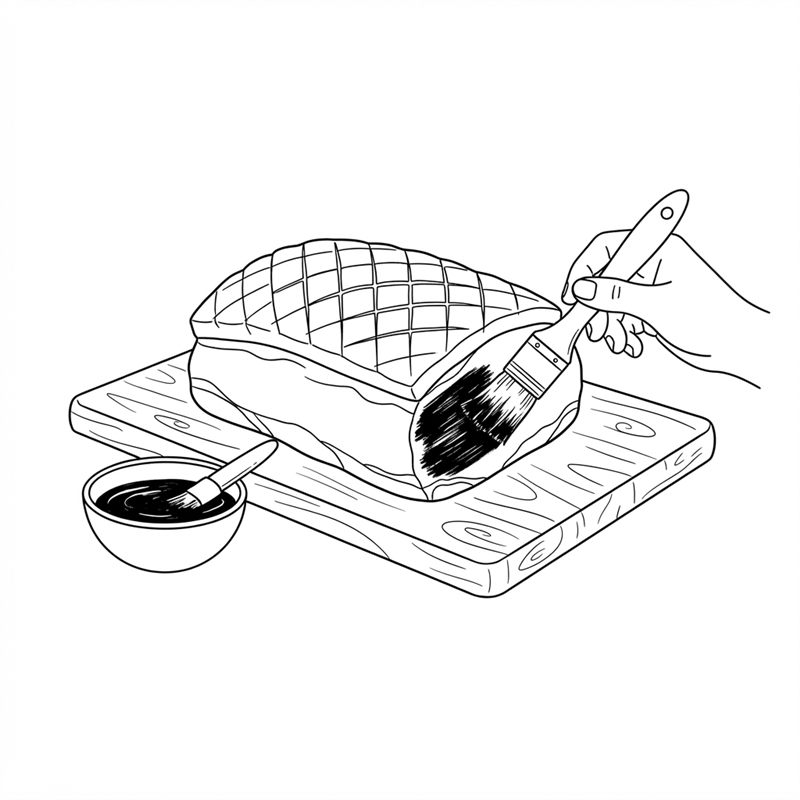 Stregtegning: en pensel smører barbecuemarinade på siden af stegen, mens fedtlaget på toppen er frit, og en lille skål marinade står ved siden af