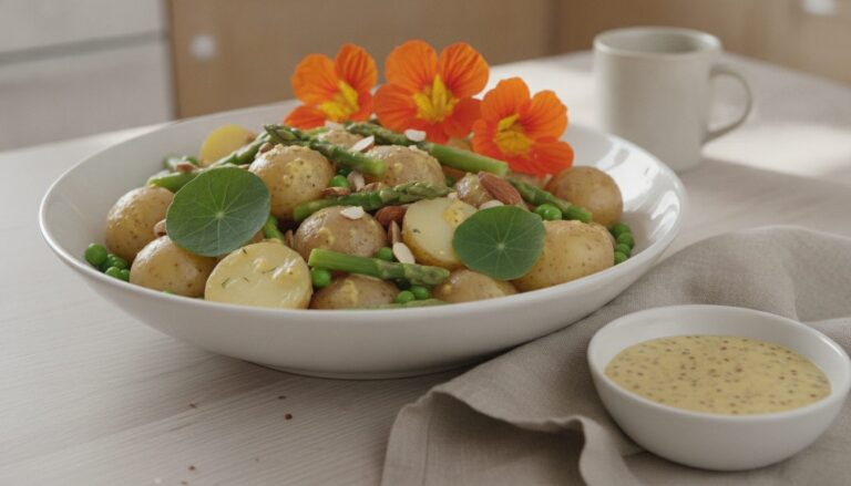Kartoffelsalat med små kartofler, grønne asparges, ærter, mandler, tallerkensmækkerblade og orange tallerkensmækkerblomster i en hvid skål med en lille skål sennepsdressing ved siden af