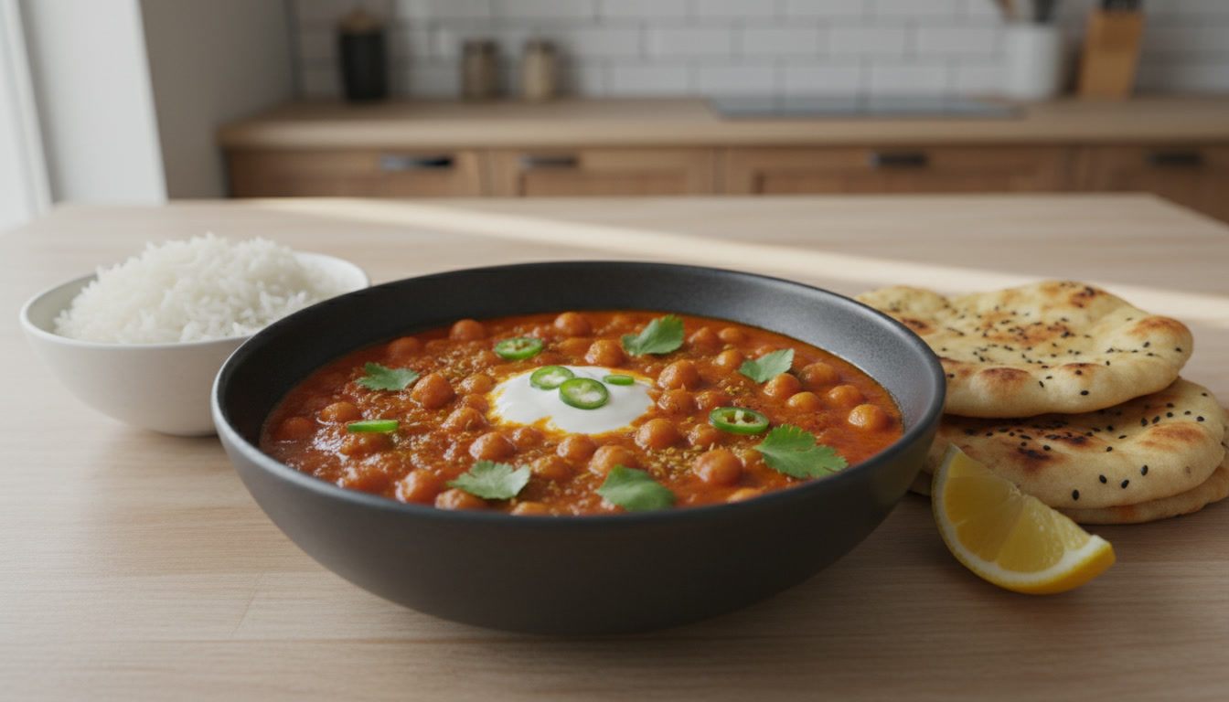 Kikærtegryde i en dyb, mørkegrå skål: kikærter i en tyk, orangerød tomatsovs med en klat cremefraiche, skiver af grøn chili og friske korianderblade; ved siden af en skål hvide ris, to naanbrød med sorte frø og en citronbåd på et lyst træbord