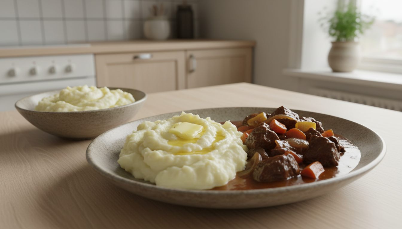 Tallerken med cremet kartoffelmos med smørklat og gullasch i sovs, ved siden af en skål kartoffelmos på et lyst træbord