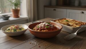 Skål med tagliatelle i kødsovs og revet parmesan ved siden af en cremet pastaret og et fad nybagt lasagne på et træbord