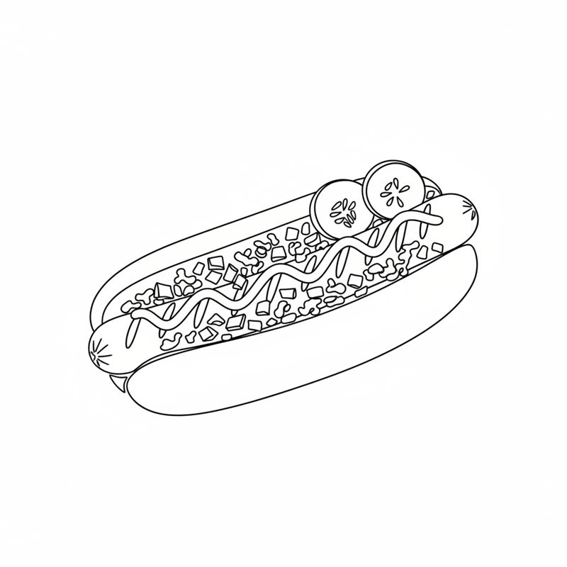 Stregtegning: et pølsebrød flækket ovenfra med pølse, striber af sennep og ketchup, remoulade i zigzag, rå og ristede løg og skiver af agurkesalat