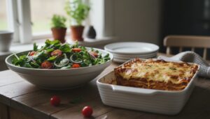 Skål med grøn salat, cherrytomater og rødløg ved siden af et fad nybagt lasagne på et træbord